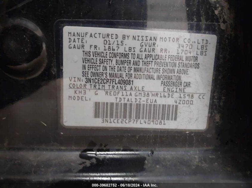 2015 Nissan Versa Note S (Sr)/S Plus/Sl/Sr/Sv VIN: 3N1CE2CP7FL409081 Lot: 39682752