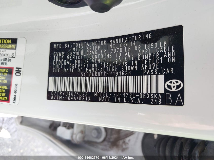 2015 Toyota Corolla S Plus VIN: 5YFBURHEXFP191636 Lot: 39682770