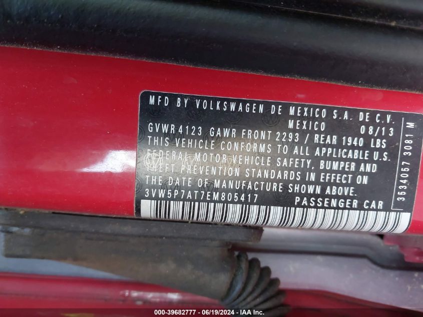 2014 Volkswagen Beetle VIN: 3VW5P7AT7EM805417 Lot: 39682777