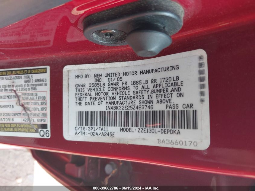 2005 Toyota Corolla Ce VIN: 1NXBR32E25Z463746 Lot: 39682786