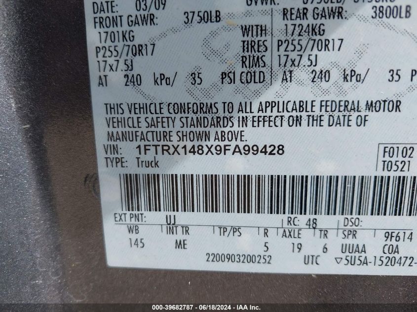 2009 Ford F-150 Stx/Xl/Xlt VIN: 1FTRX148X9FA99428 Lot: 39682787