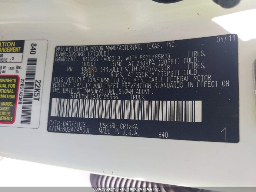 2011 Toyota Tundra Grade 5.7L V8 VIN: 5TFUY5F13BX199966 Lot: 39682793