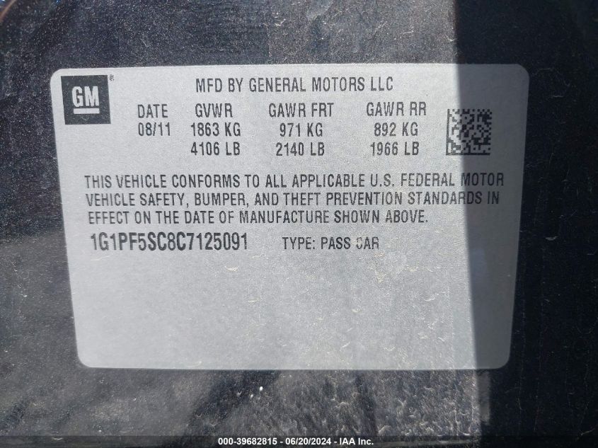 2012 Chevrolet Cruze 1Lt VIN: 1G1PF5SC8C7125091 Lot: 39682815