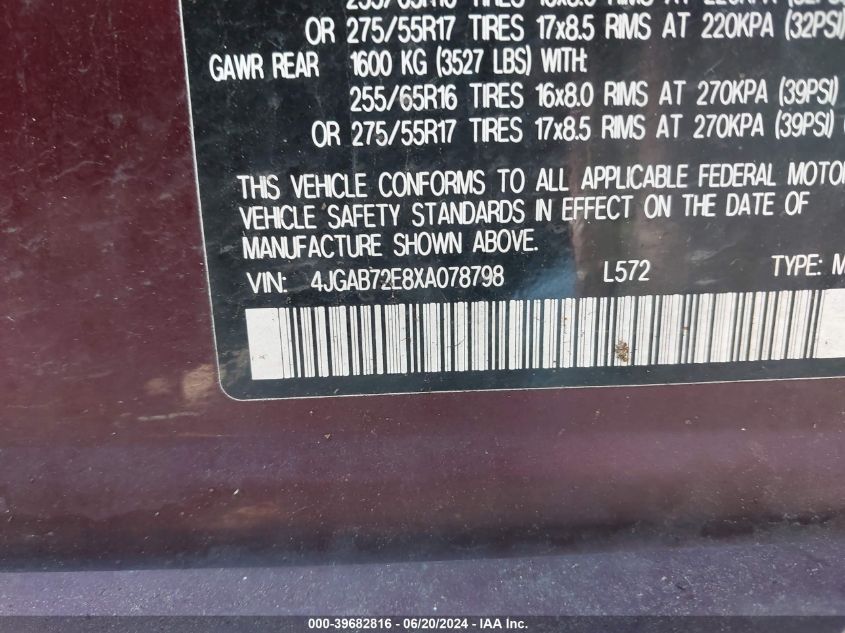 1999 Mercedes-Benz Ml 430 VIN: 4JGAB72E8XA078798 Lot: 39682816