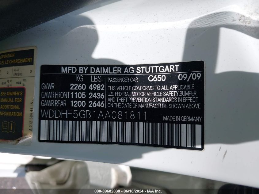 WDDHF5GB1AA081811 2010 Mercedes-Benz E 350