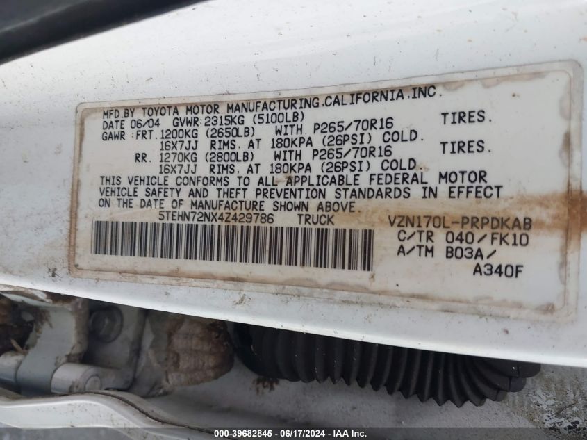 2004 Toyota Tacoma Base V6 VIN: 5TEHN72NX4Z429786 Lot: 39682845