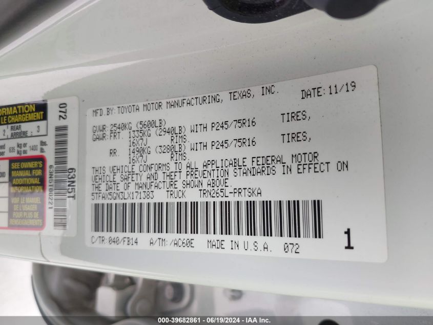 2020 Toyota Tacoma Sr VIN: 5TFAX5GN3LX171383 Lot: 39682861