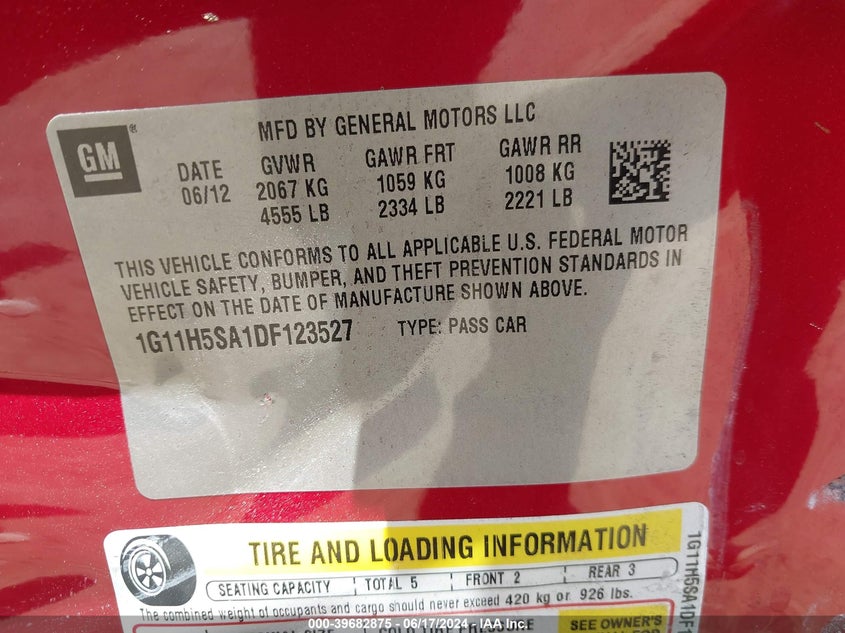 2013 Chevrolet Malibu 1Lz VIN: 1G11H5SA1DF123527 Lot: 39682875