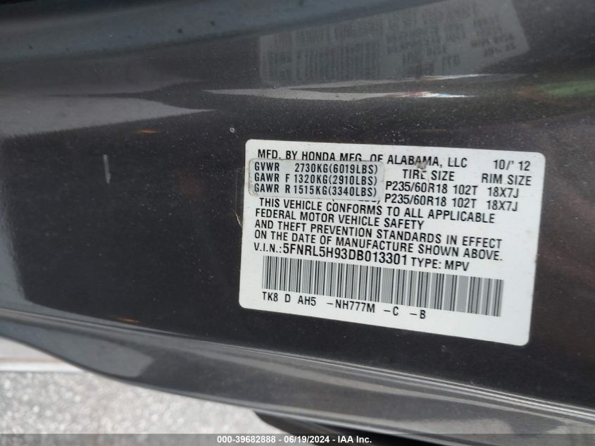 2013 Honda Odyssey Touring/Touring Elite VIN: 5FNRL5H93DB013301 Lot: 39682888