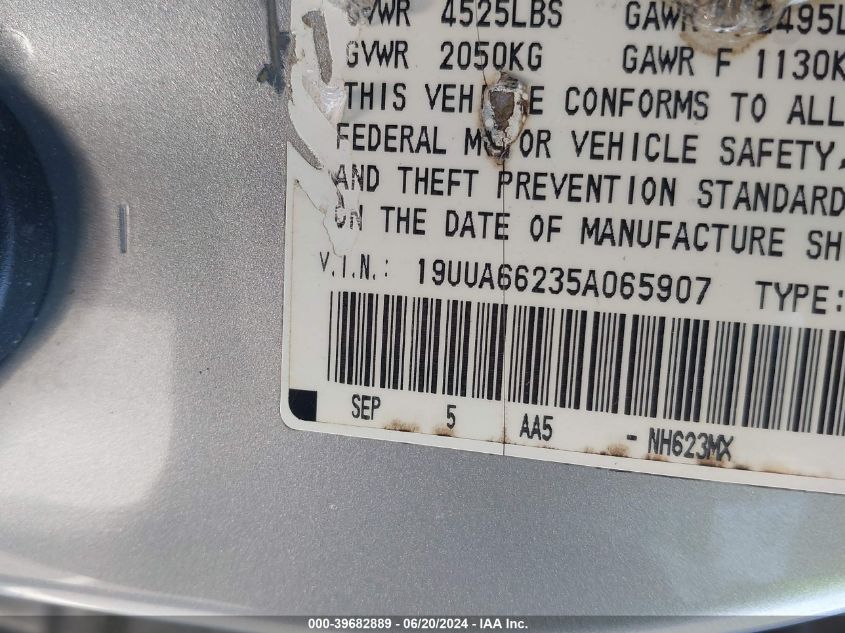 2005 Acura Tl VIN: 19UUA66235A065907 Lot: 39682889