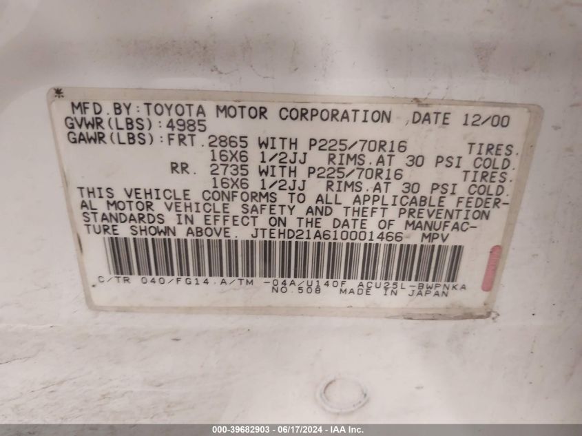 2001 Toyota Highlander VIN: JTEHD21A610001466 Lot: 39682903
