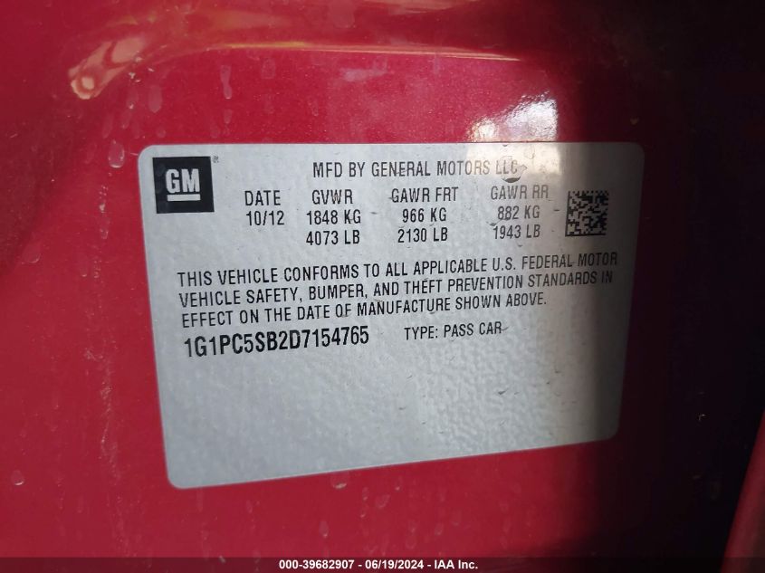 2013 Chevrolet Cruze 1Lt Auto VIN: 1G1PC5SB2D7154765 Lot: 39682907