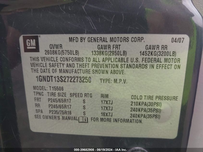 2007 Chevrolet Trailblazer Ls/Lt VIN: 1GNDT13S272273250 Lot: 39682908