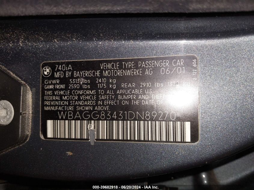 2001 BMW 740Ia VIN: WBAGG83431DN89270 Lot: 39682918