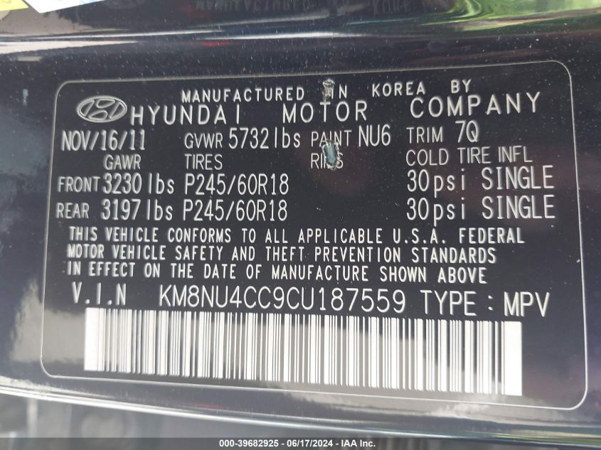 2012 Hyundai Veracruz Limited VIN: KM8NU4CC9CU187559 Lot: 39682925