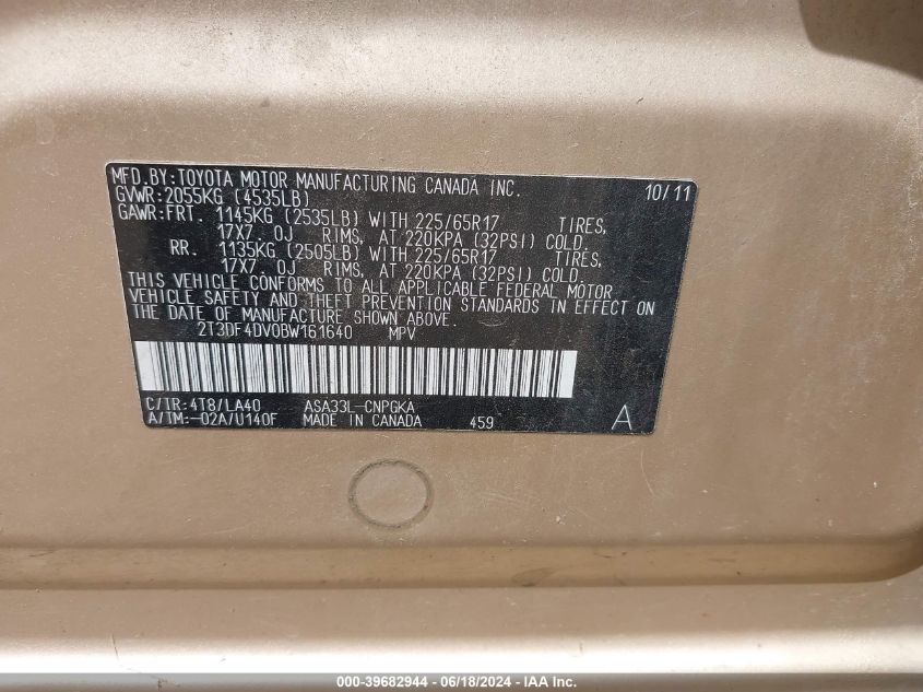 2011 Toyota Rav4 Limited VIN: 2T3DF4DV0BW161640 Lot: 39682944