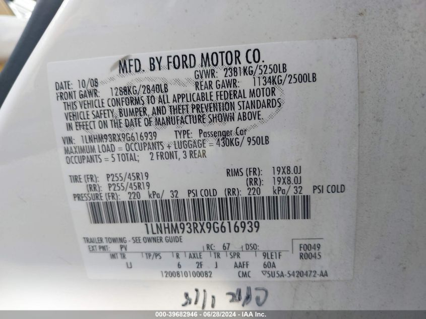 2009 Lincoln Mks VIN: 1LNHM93RX9G616939 Lot: 39682946