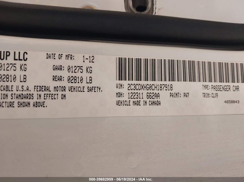 2012 Dodge Charger Sxt VIN: 2C3CDXHG0CH187918 Lot: 39682959