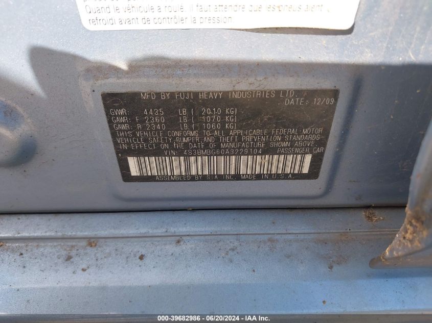 2010 Subaru Legacy 2.5I Premium VIN: 4S3BMBG60A3229104 Lot: 39682986