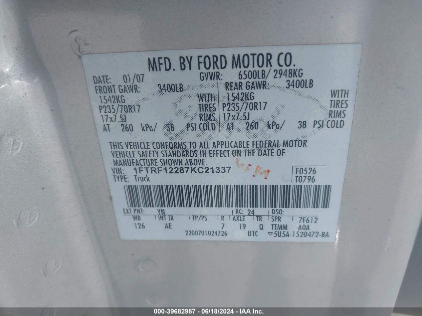 2007 Ford F-150 Stx/Xl/Xlt VIN: 1FTRF12287KC21337 Lot: 39682987
