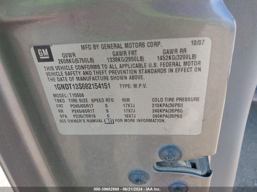 2008 Chevrolet Trailblazer Fleet VIN: 1GNDT13S682154151 Lot: 39682988