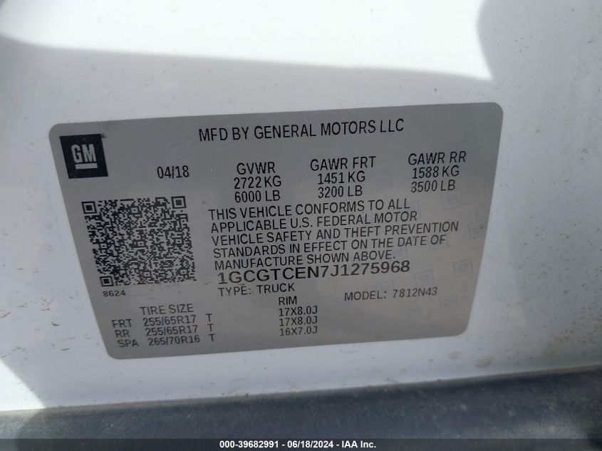 2018 Chevrolet Colorado Lt VIN: 1GCGTCEN7J1275968 Lot: 39682991