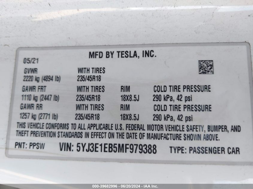 5YJ3E1EB5MF979388 2021 Tesla Model 3