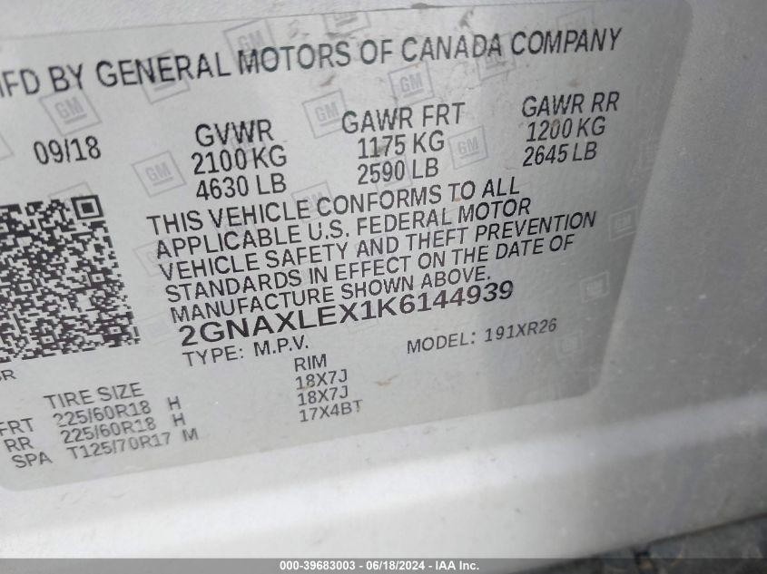 2019 Chevrolet Equinox Lt VIN: 2GNAXLEX1K6144939 Lot: 39683003