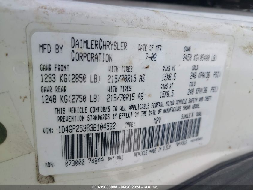 2003 Dodge Caravan Se VIN: 1D4GP25383B104532 Lot: 39683008