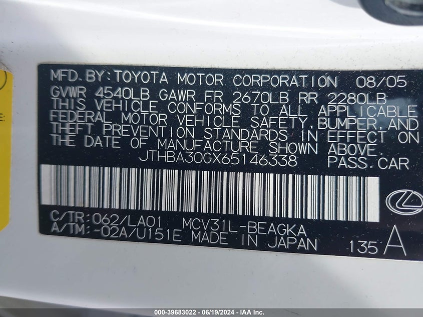 2006 Lexus Es 330 VIN: JTHBA30GX65146338 Lot: 39683022