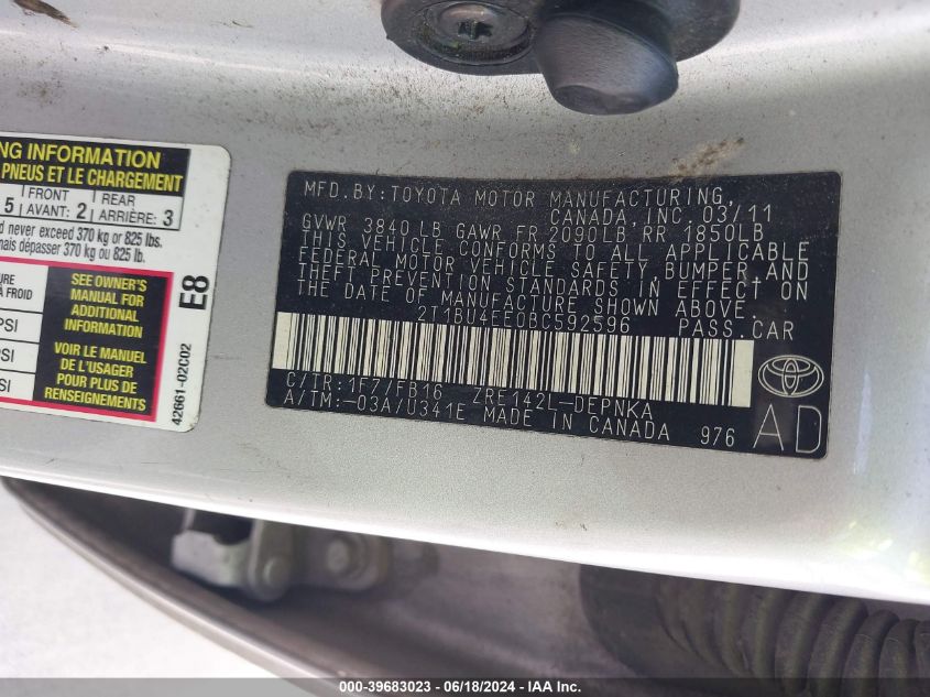 2011 Toyota Corolla Le VIN: 2T1BU4EE0BC592596 Lot: 39683023