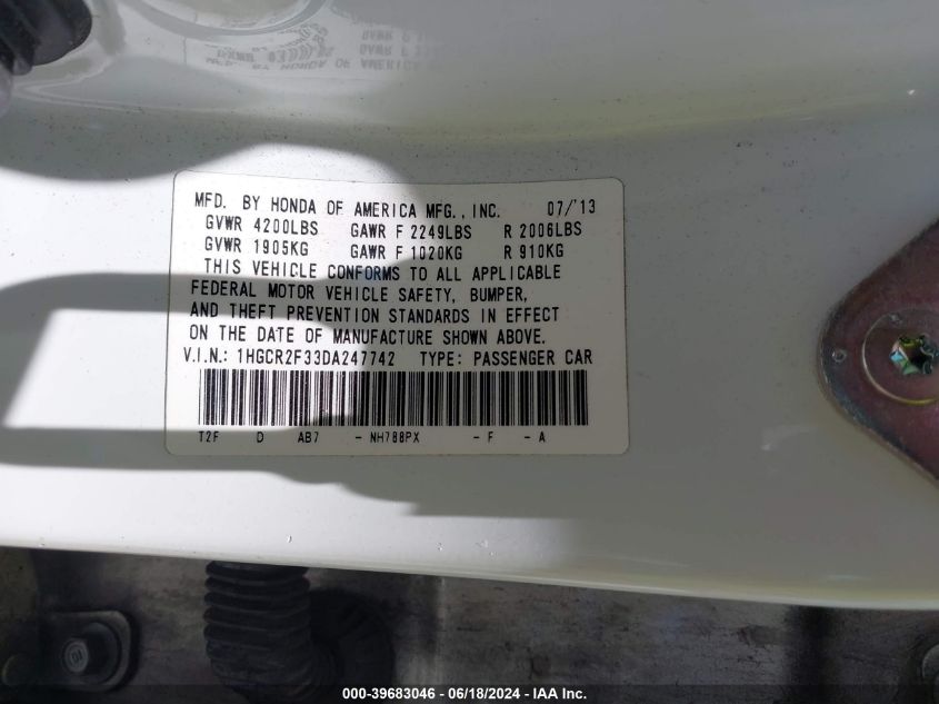 1HGCR2F33DA247742 2013 Honda Accord Lx