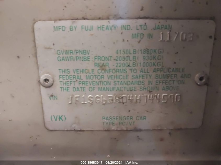 2004 Subaru Forester 2.5X VIN: JF1SG63604H744590 Lot: 39683047