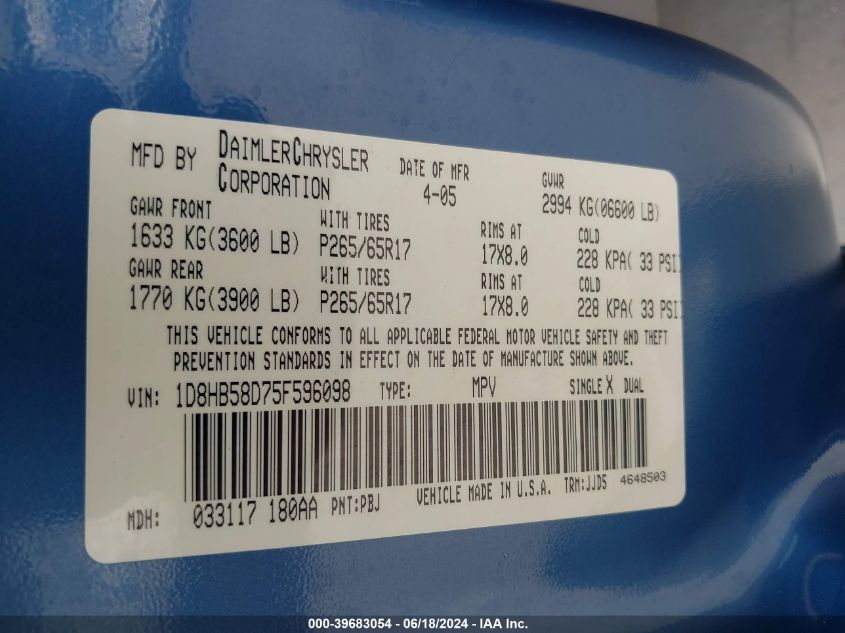 2005 Dodge Durango Limited VIN: 1D8HB58D75F596098 Lot: 39683054