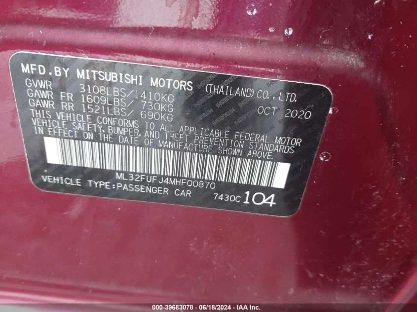 2021 Mitsubishi Mirage G4 Carbonite Edition/Es/Le VIN: ML32FUFJ4MHF00870 Lot: 39683078