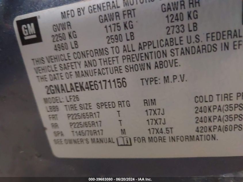 2GNALAEK4E6171156 2014 Chevrolet Equinox Ls