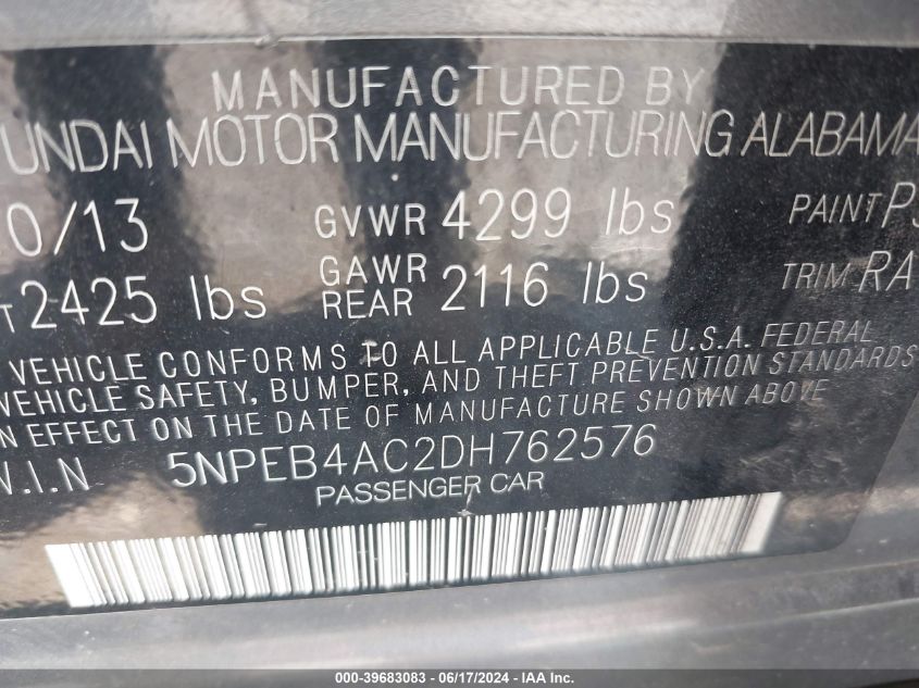 2013 Hyundai Sonata Gls VIN: 5NPEB4AC2DH762576 Lot: 39683083