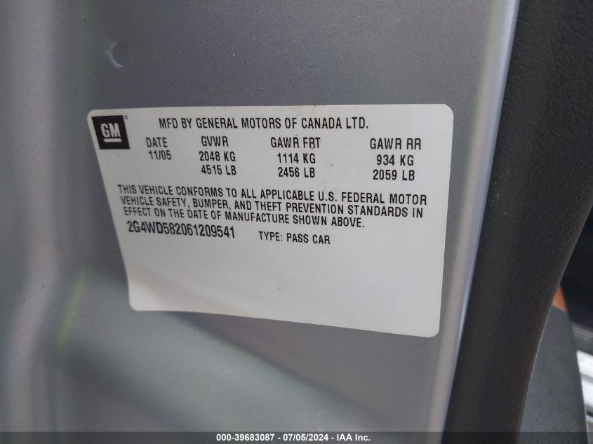 2006 Buick Lacrosse Cxl VIN: 2G4WD582061209541 Lot: 39683087