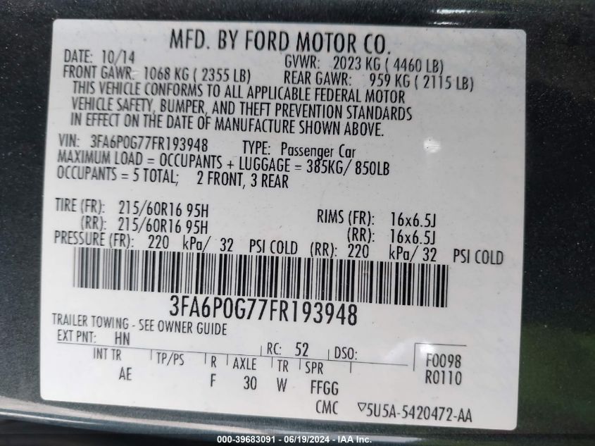 2015 FORD FUSION S - 3FA6P0G77FR193948