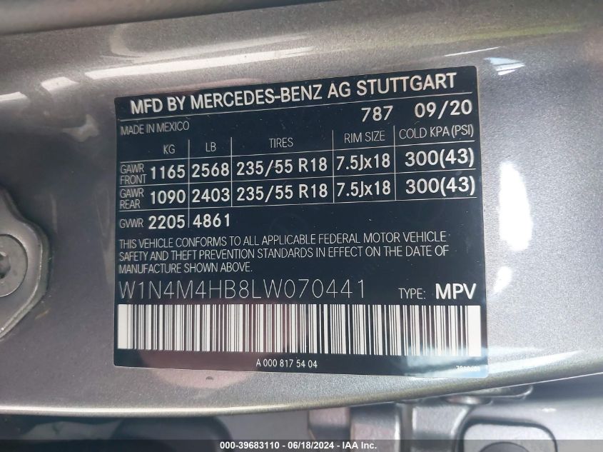 2020 Mercedes-Benz Glb 250 4Matic VIN: W1N4M4HB8LW070441 Lot: 39683110