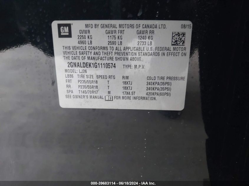 2016 Chevrolet Equinox Ltz VIN: 2GNALDEK1G1110574 Lot: 39683114