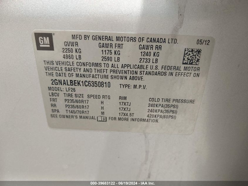 2012 Chevrolet Equinox Ls VIN: 2GNALBEK1C6350810 Lot: 39683122