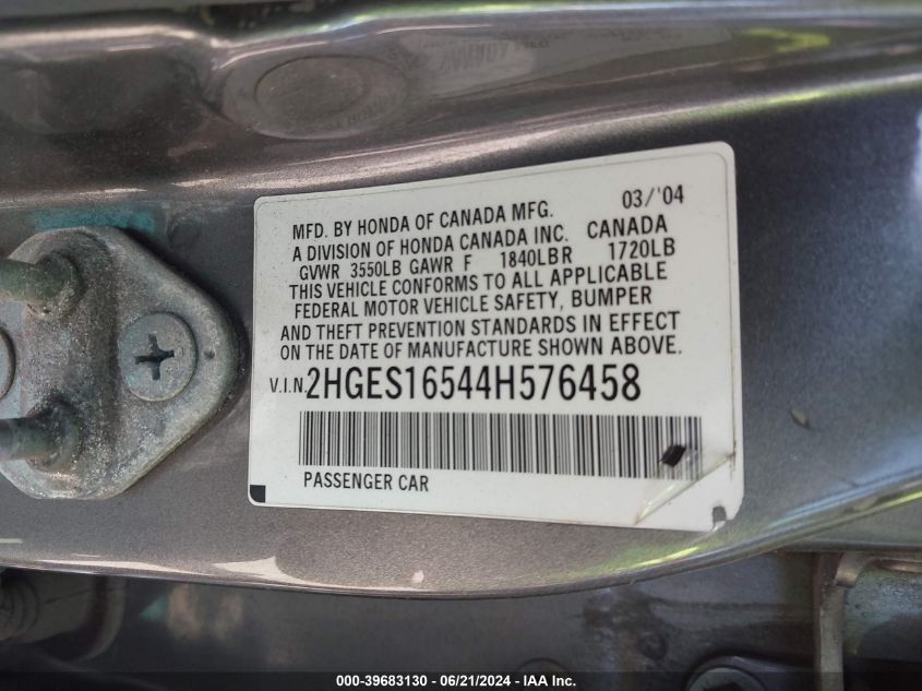 2004 Honda Civic Lx VIN: 2HGES16544H576458 Lot: 39683130