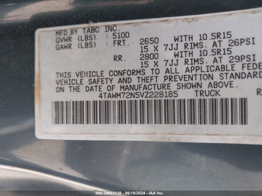 1997 Toyota Tacoma VIN: 4TAWM72N5VZ228185 Lot: 39683138