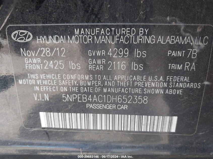 2013 Hyundai Sonata Gls VIN: 5NPEB4AC1DH652358 Lot: 39683146