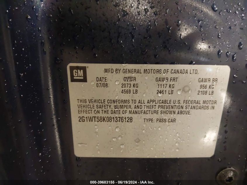 2008 Chevrolet Impala Lt VIN: 2G1WT58K081376128 Lot: 39683155