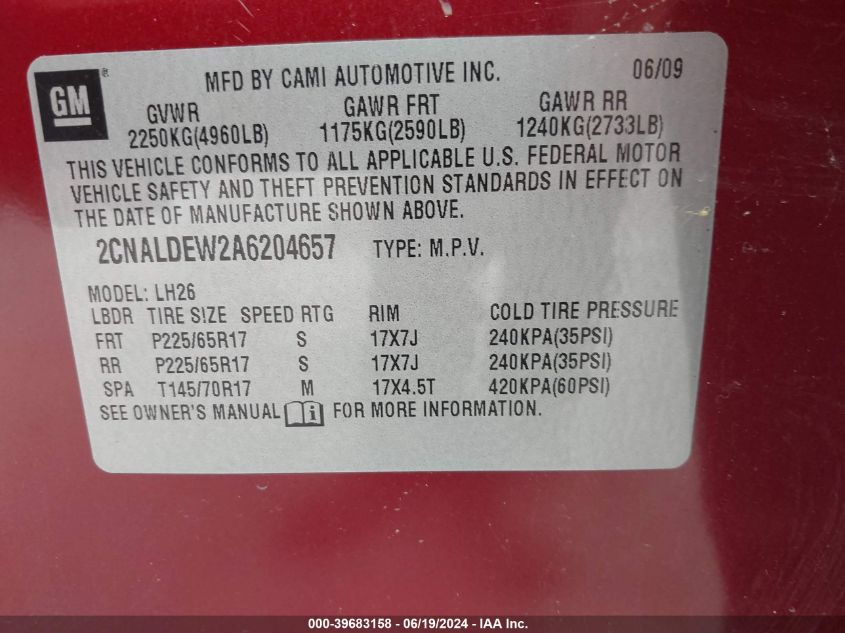 2010 Chevrolet Equinox Lt VIN: 2CNALDEW2A6204657 Lot: 39683158