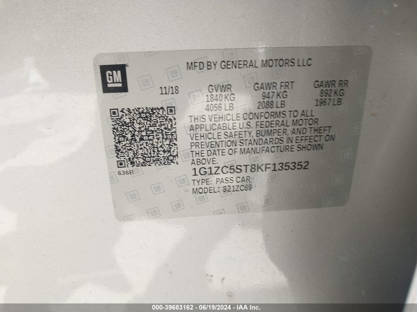 2019 Chevrolet Malibu 1Fl VIN: 1G1ZC5ST8KF135352 Lot: 39683162
