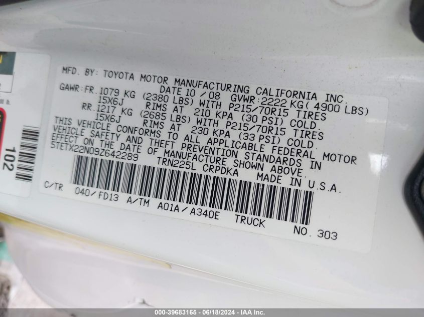 2009 Toyota Tacoma VIN: 5TETX22N09Z642289 Lot: 39683165