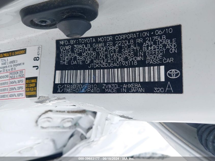 2010 Toyota Prius Iii VIN: JTDKN3DU6A0193118 Lot: 39683177